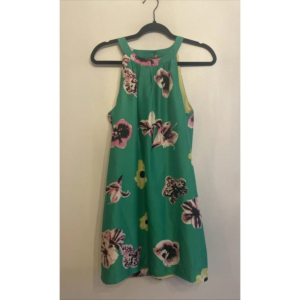 J. Crew‎ Green Floral Silk Halter Swoop Mini Dress size 4